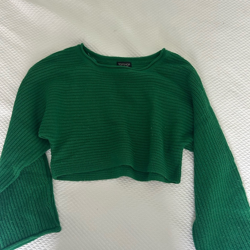 Topshop Green Ribbed Crop Sweatshirt